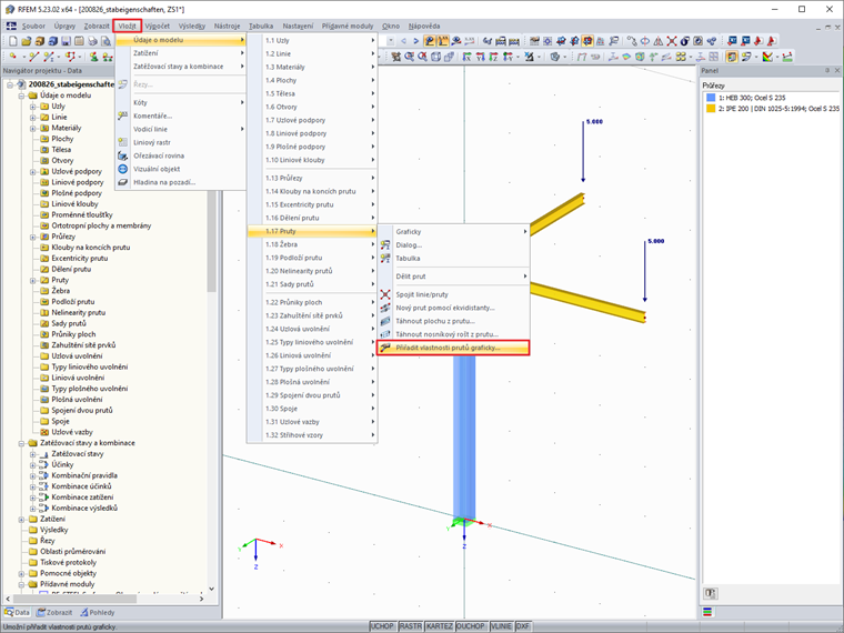 Funkce "Přiřadit vlastnosti prutů graficky"