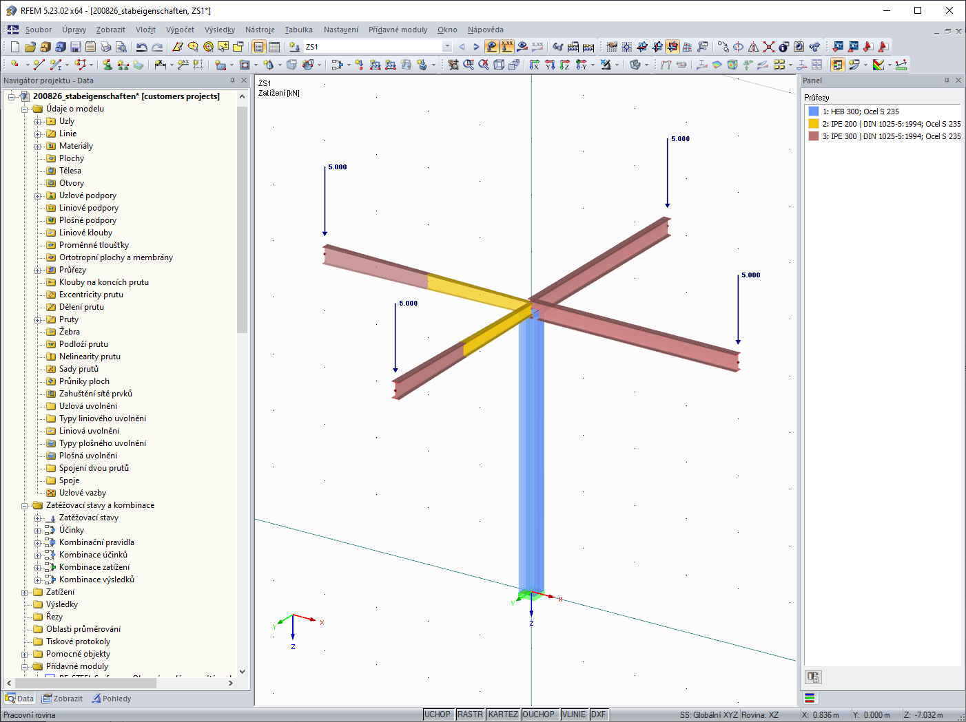 Model po grafickém přiřazení vlastností prutu