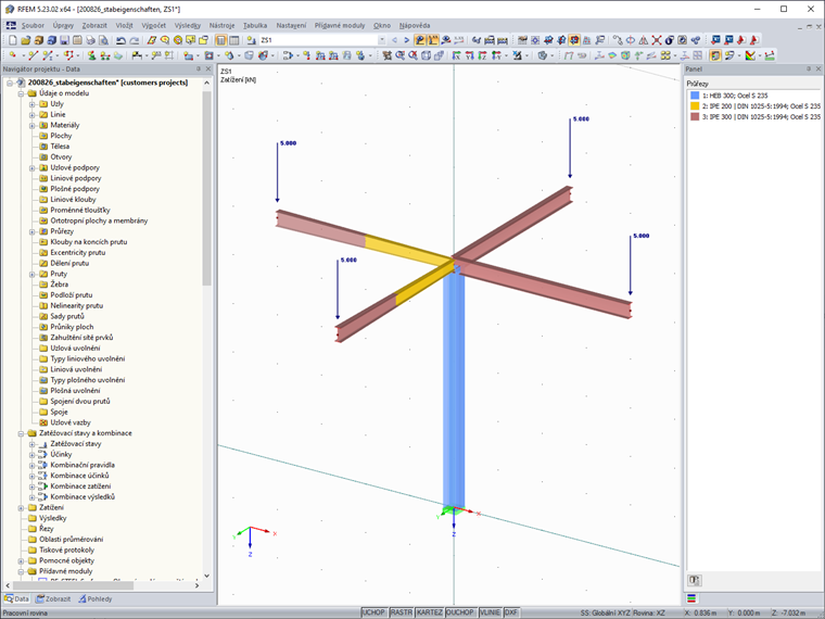 Model po grafickém přiřazení vlastností prutu