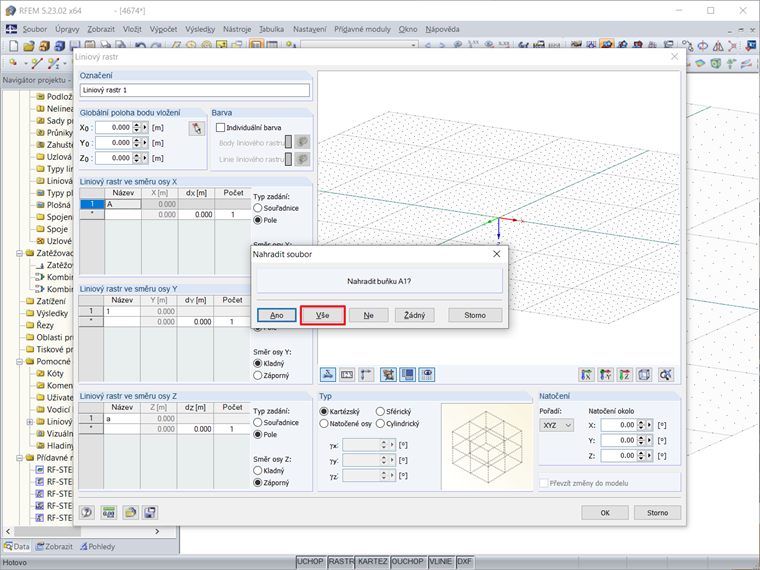 Zadání hodnot do tabulky liniového rastru