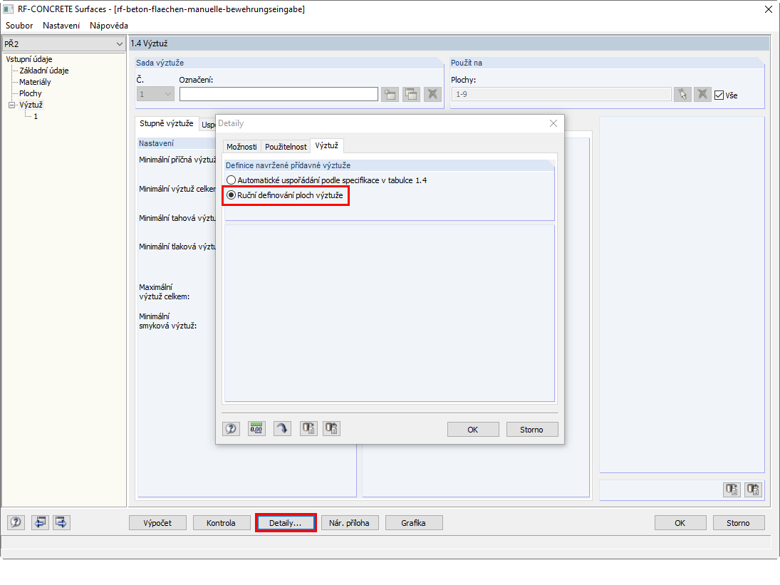Přepnutí na možnost "Ruční definování ploch výztuže"