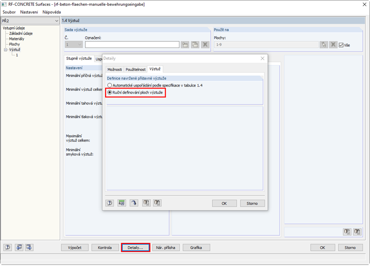 Přepnutí na možnost "Ruční definování ploch výztuže"