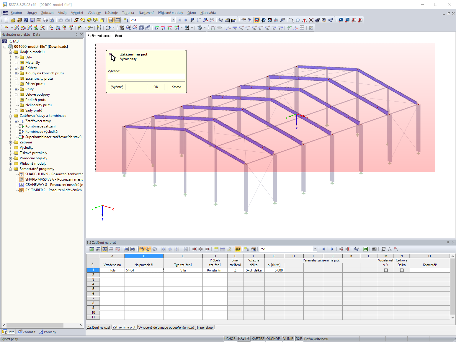 Aplikace zatížení na prut v dané oblasti