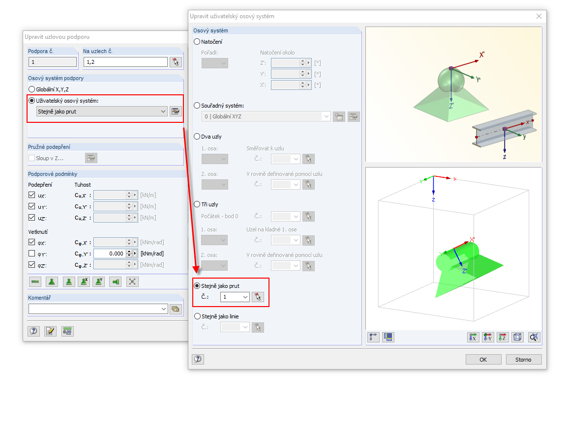 Osový systém uzlové podpory identický s prutem