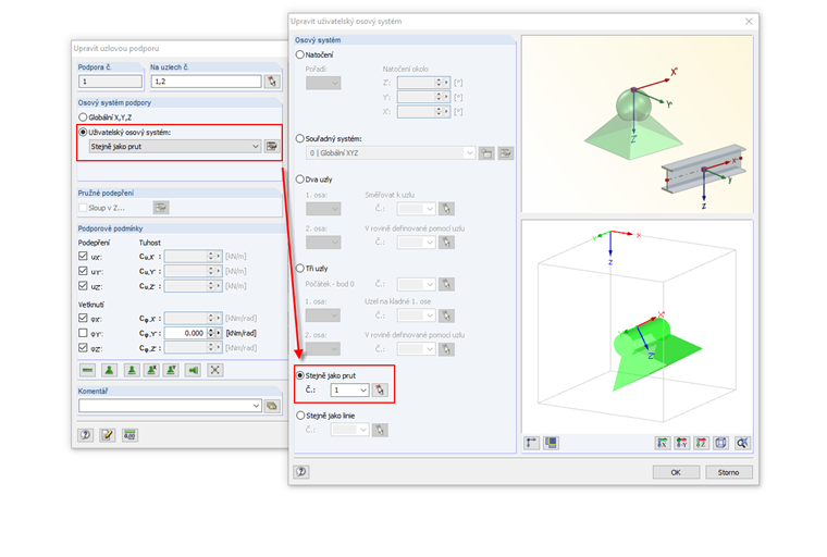 Osový systém uzlové podpory identický s prutem