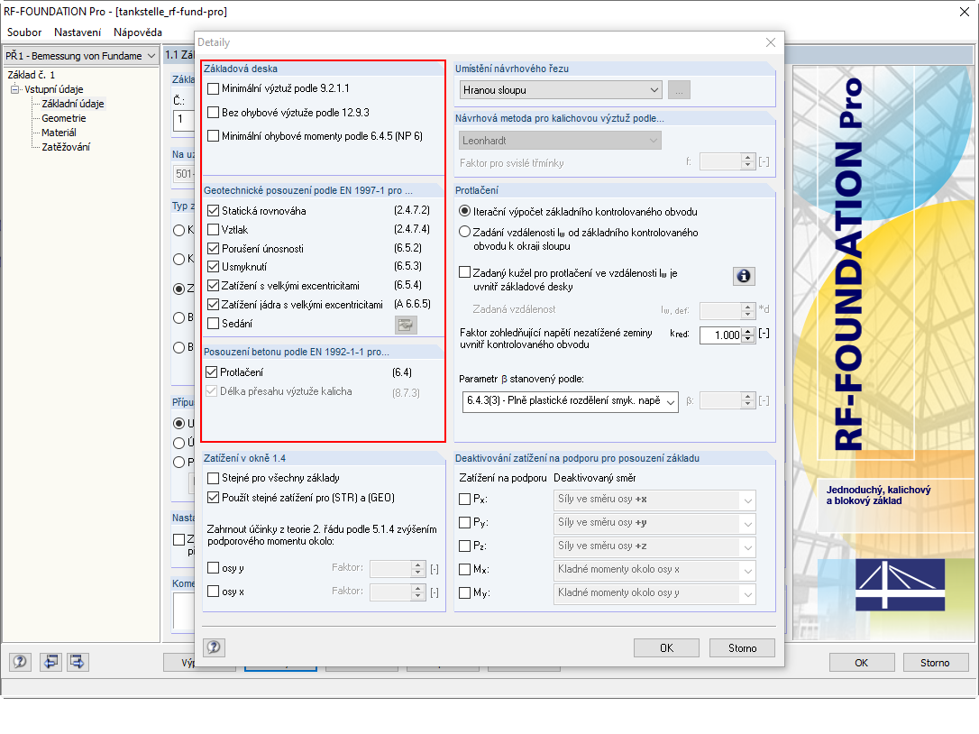 Nastavení detailů v přídavném modulu RF-/FOUNDATION Pro s výběrem dostupných posouzení