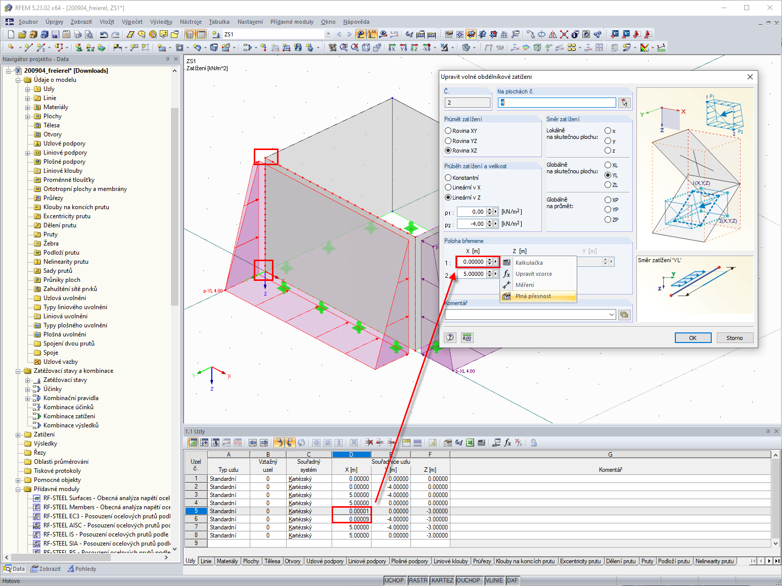 Odchylka mezi souřadnicemi uzlu a volným obdélníkovým zatížením