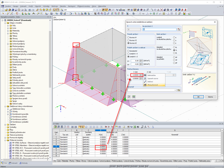 Odchylka mezi souřadnicemi uzlu a volným obdélníkovým zatížením