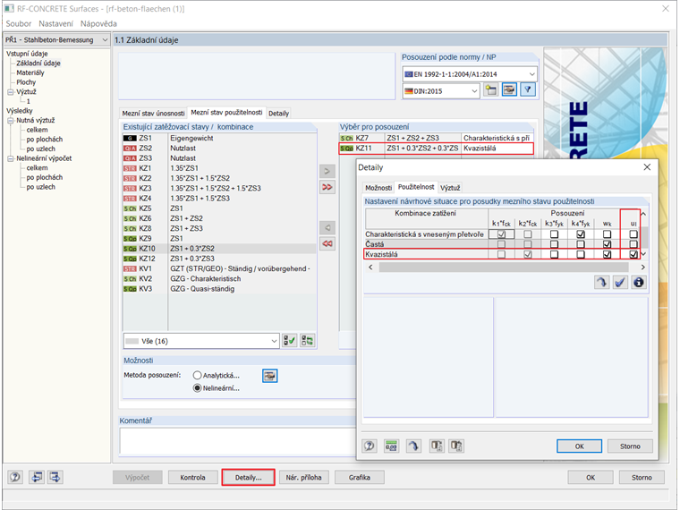 Přiřazení návrhových situací pro jednotlivá posouzení mezního stavu použitelnosti