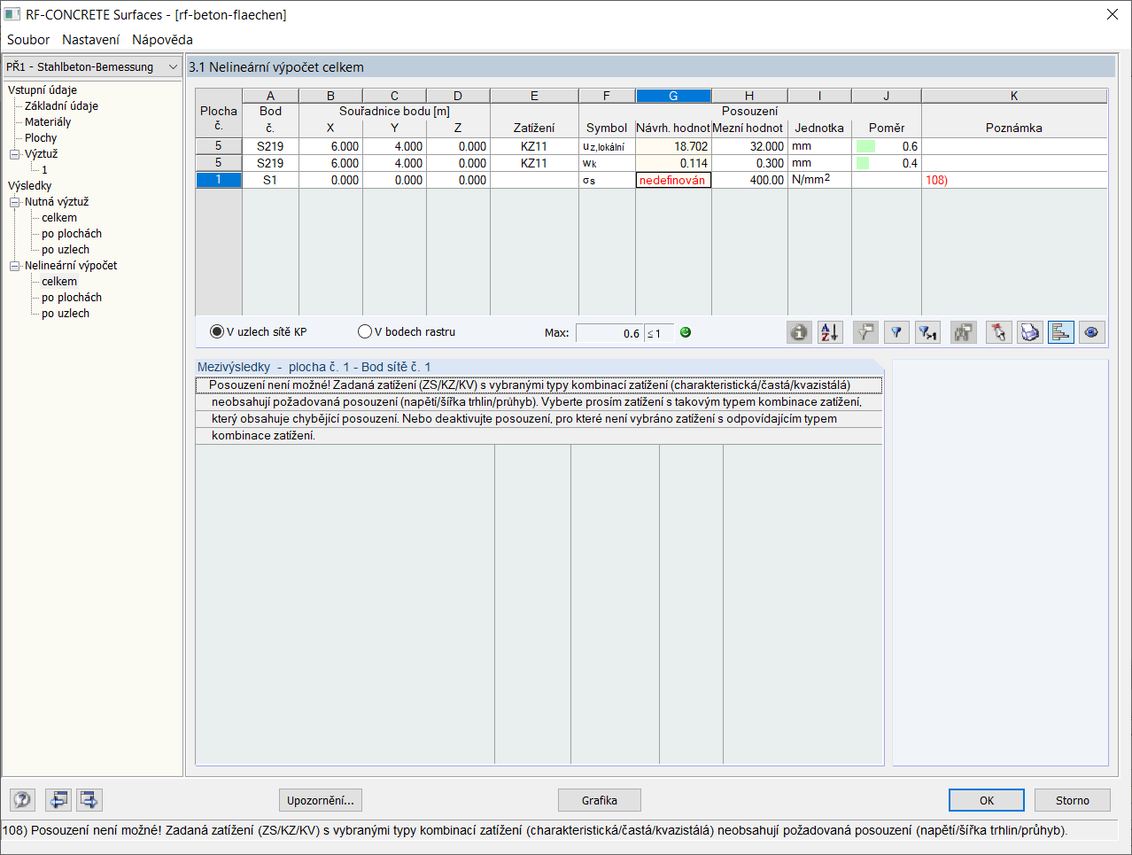 Chyba 108 při posouzení napětí v betonářské oceli