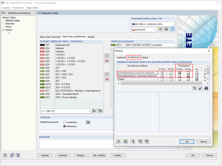 Příčina chyby - chybějící zatížení z charakteristické návrhové situace