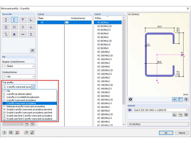 Výběr tvaru průřezu