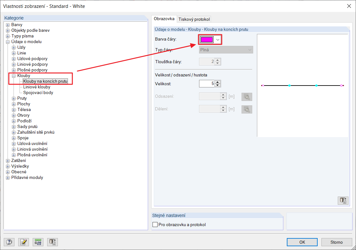 Nastavení zobrazení pro klouby na koncích prutů