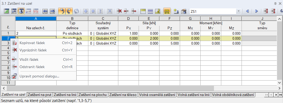 Smazání zatížení v tabulce