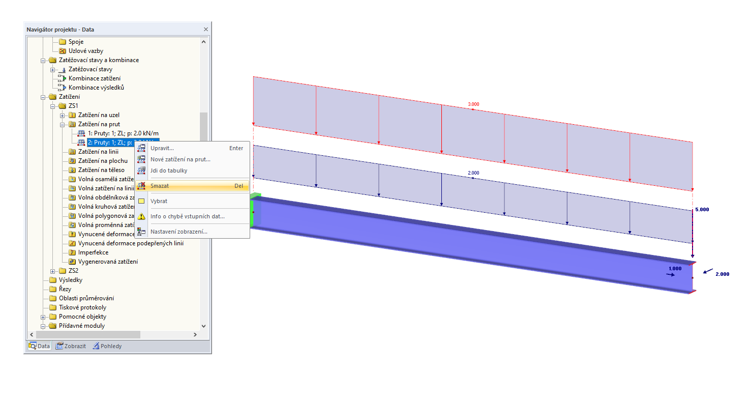 Smazání zatížení v navigátoru Data