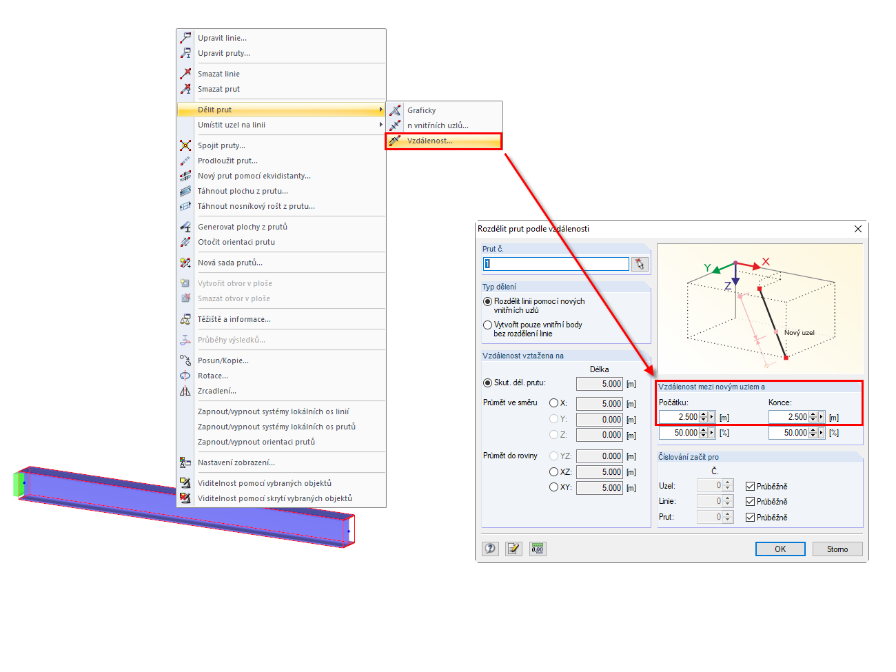 Rozdělit prut pomocí vzdálenosti