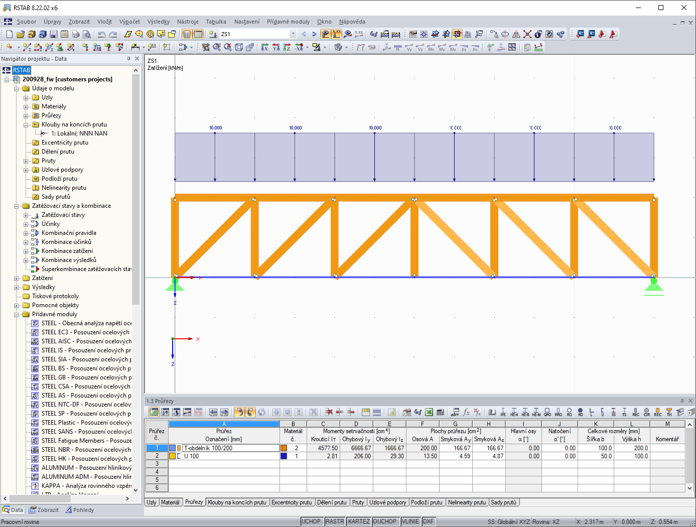 Příhradový nosník se zatížením