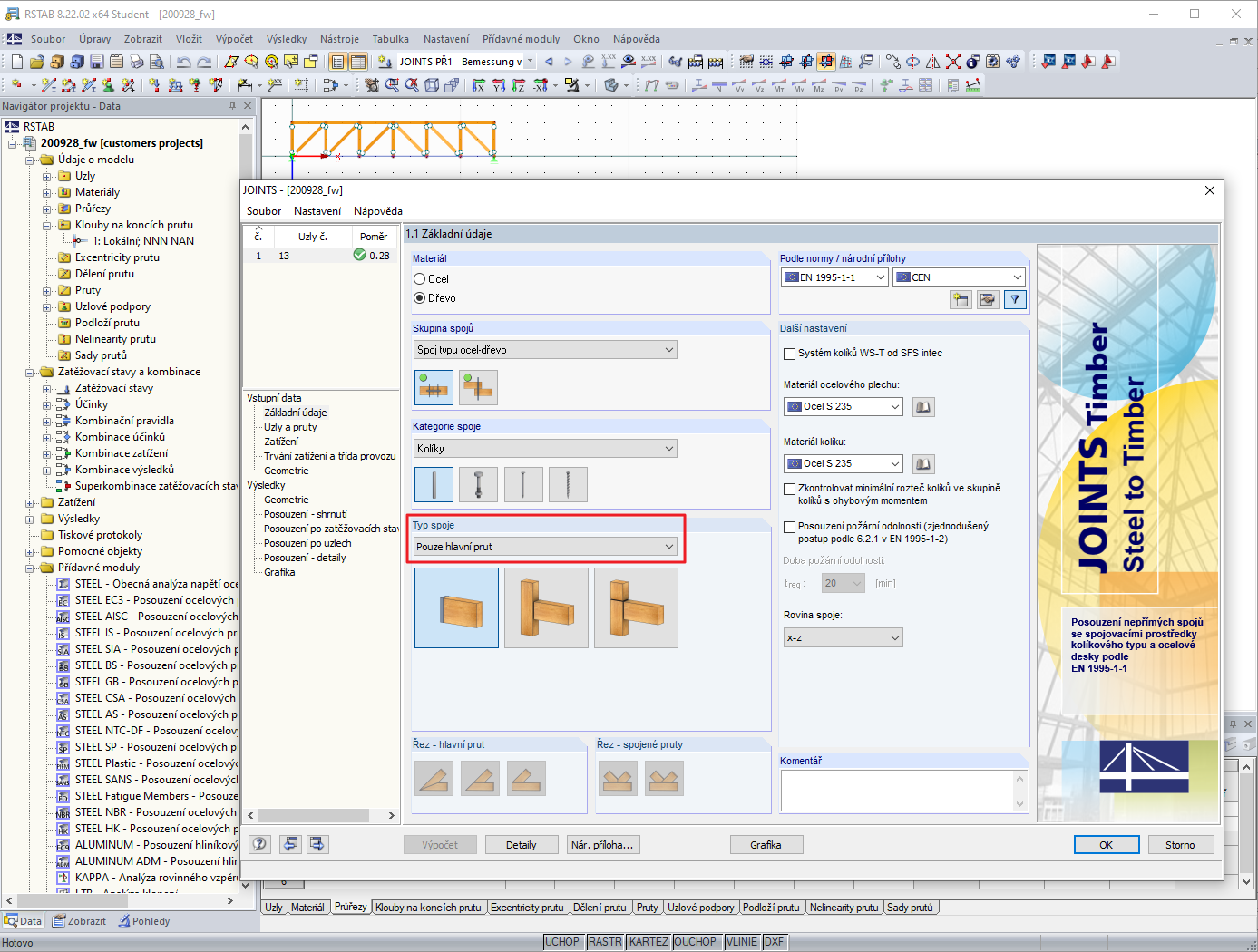 Přídavný modul Typ přípoje "Pouze hlavní prut"