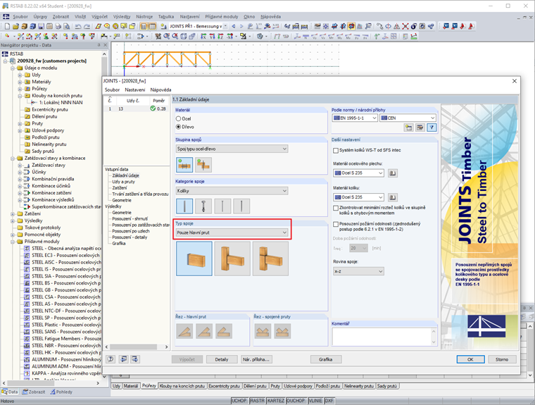 Přídavný modul Typ přípoje "Pouze hlavní prut"