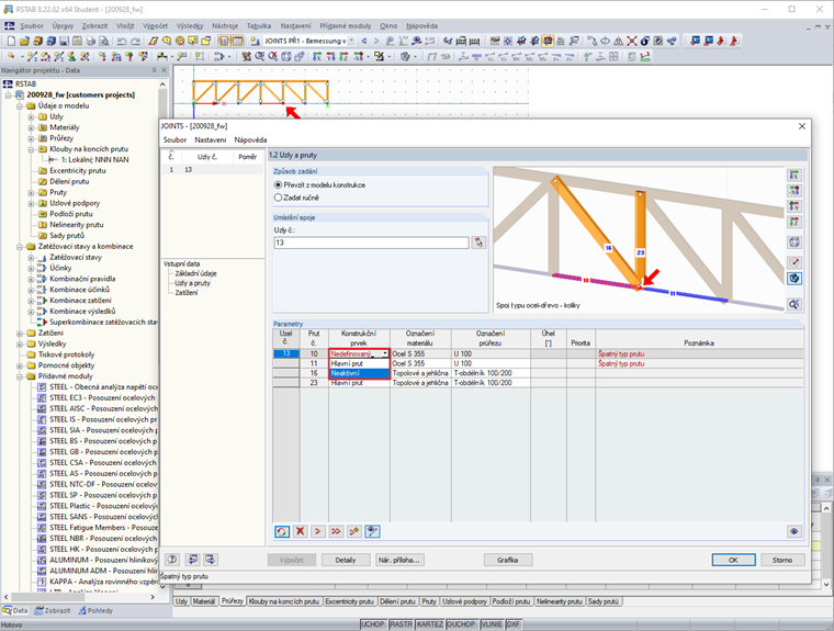 Přídavný modul Zadání konstrukce - pruty neúčinné