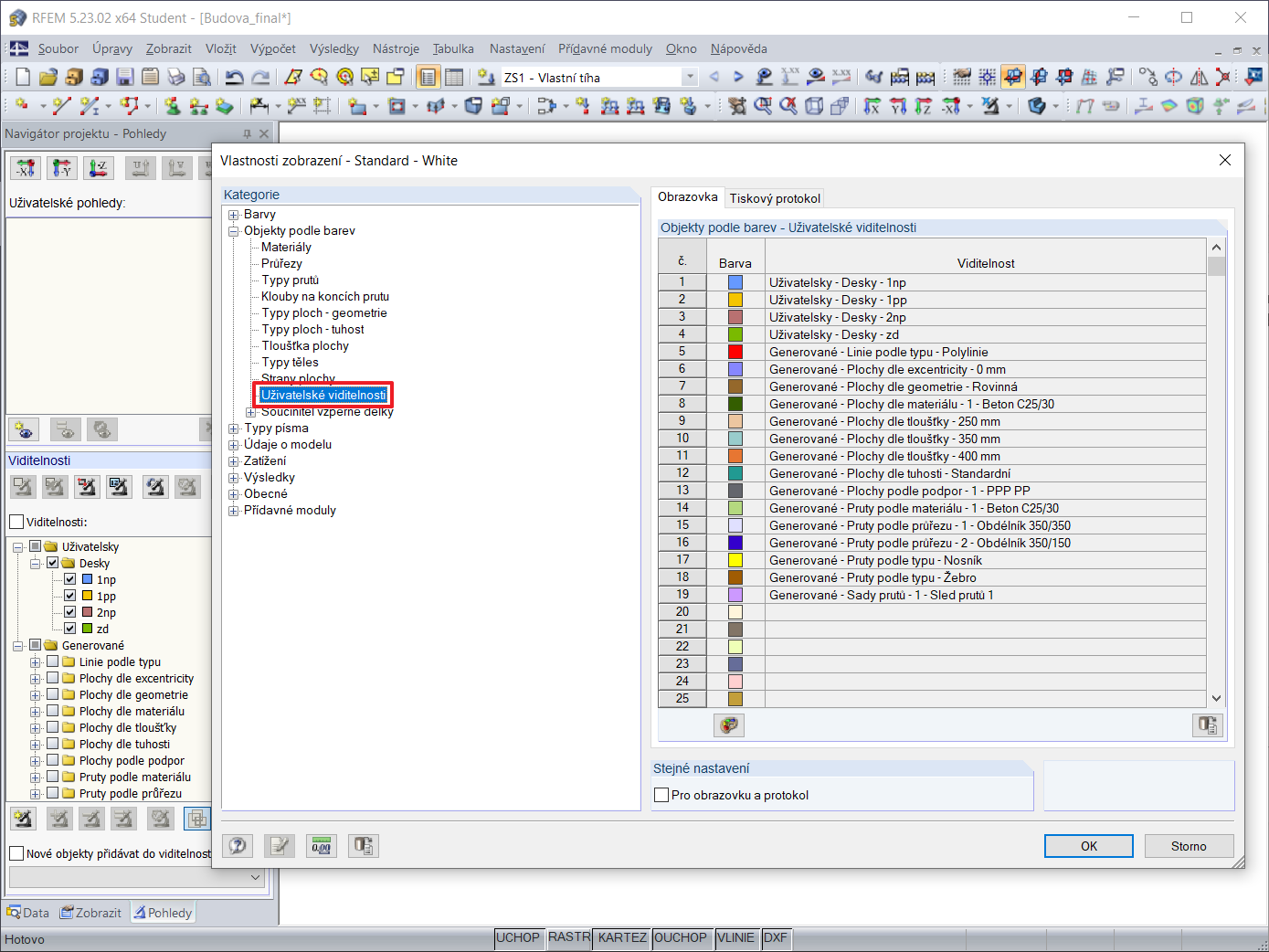 Změna barev pro obrazovku / tiskový protokol v Nastavení zobrazení