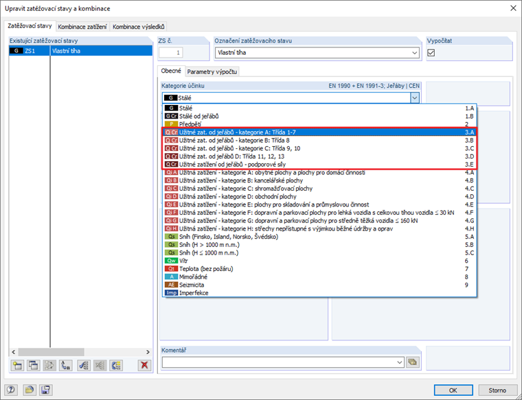 Kategorie účinků pro jeřáby