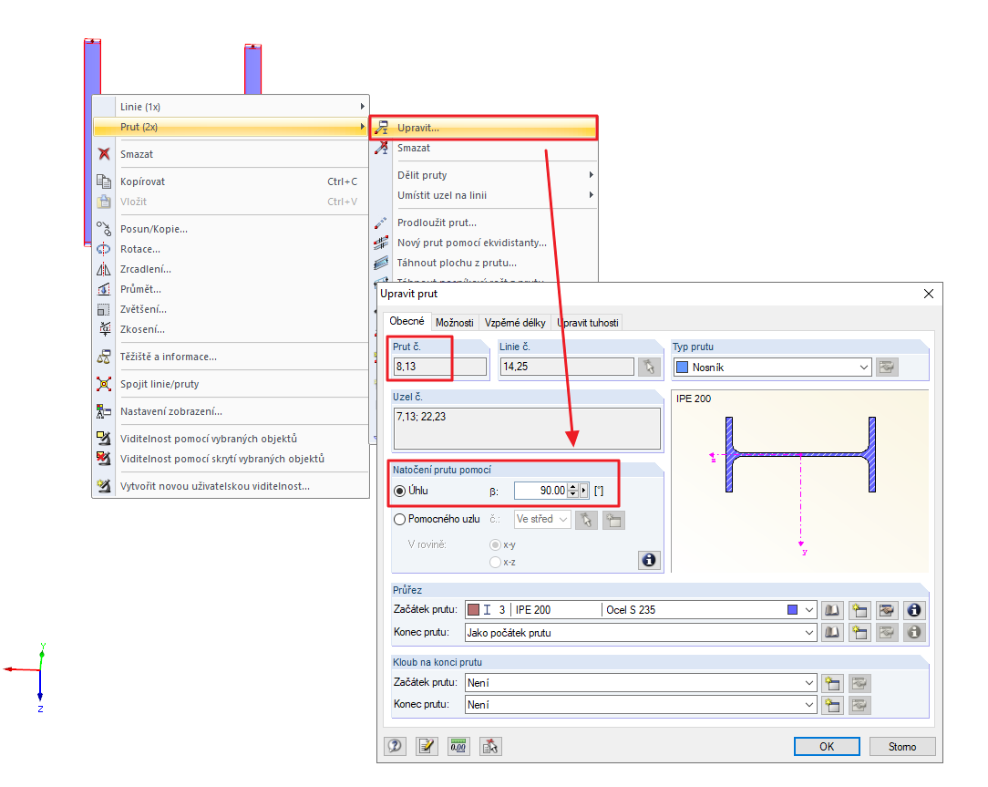 Vícenásobný výběr s místní nabídkou (vpravo) a s dialogem pro úpravu prutů (vlevo)