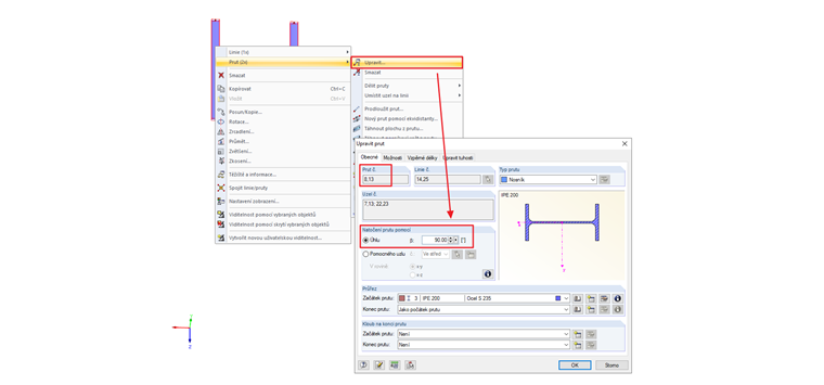 Vícenásobný výběr s místní nabídkou (vpravo) a s dialogem pro úpravu prutů (vlevo)