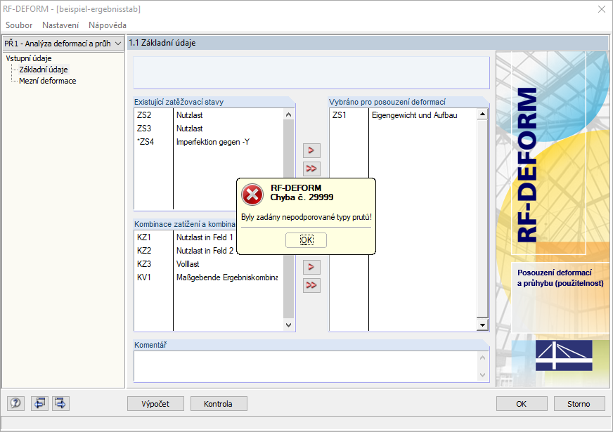 Chybové hlášení "Byly zadány nepodporované typy prutů"