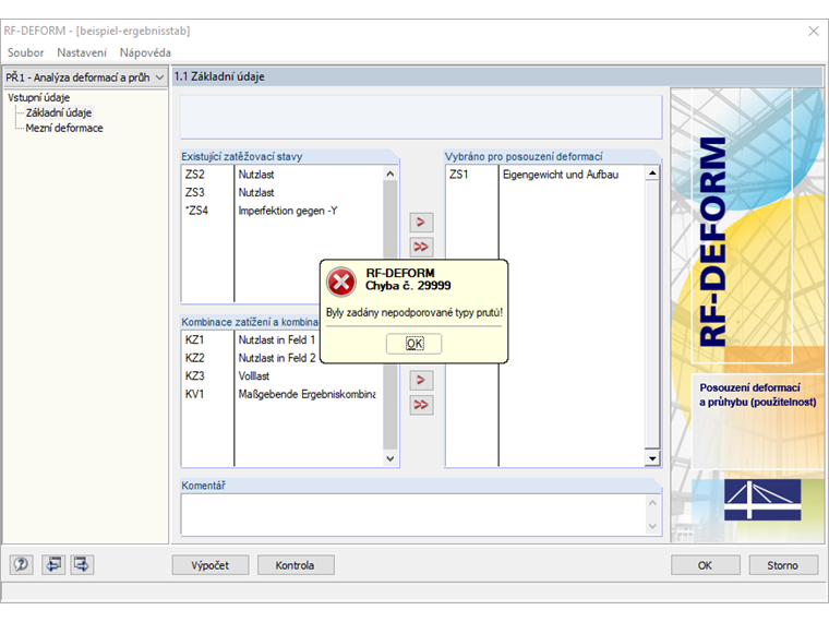 Chybové hlášení "Byly zadány nepodporované typy prutů"