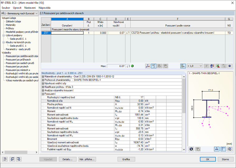 Analýza vázaného kroucení průřezu prutu