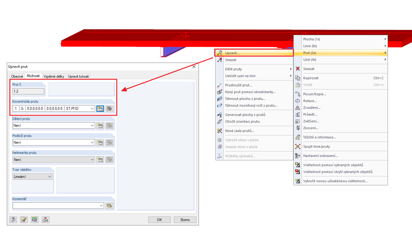 Vícenásobný výběr, místní nabídka (vpravo) a možnost "Upravit prut" (vlevo)
