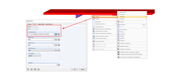 Vícenásobný výběr, místní nabídka (vpravo) a možnost "Upravit prut" (vlevo)