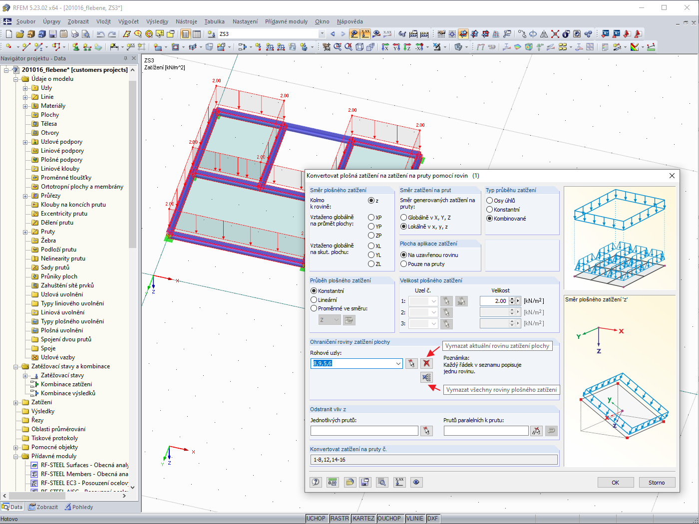 Smazání rovin(y) plošného zatížení