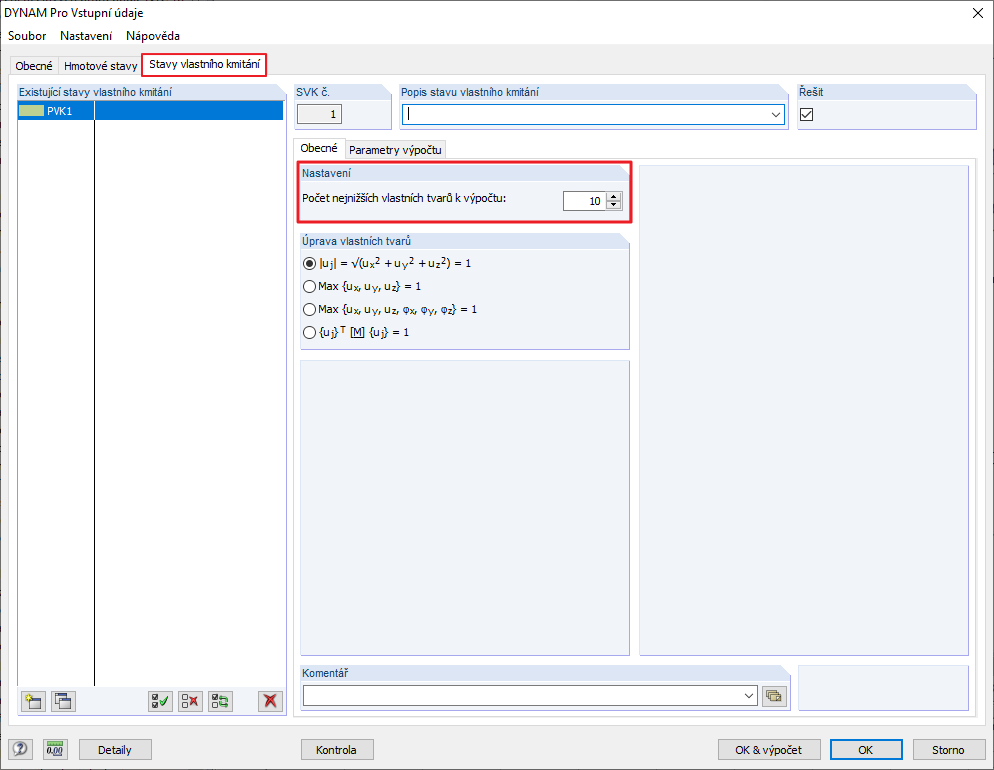 Nastavení počtu nejmenších vlastních čísel, které se mají spočítat