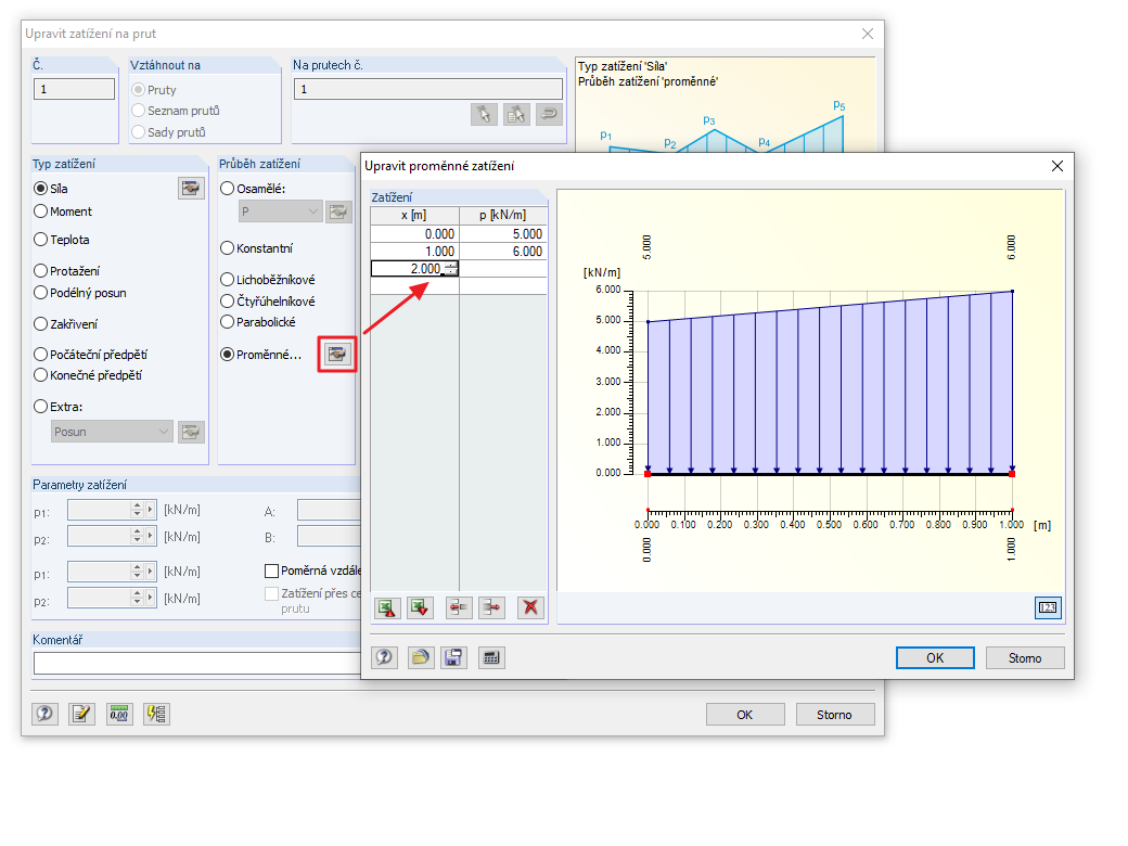 Úprava proměnného zatížení na prut