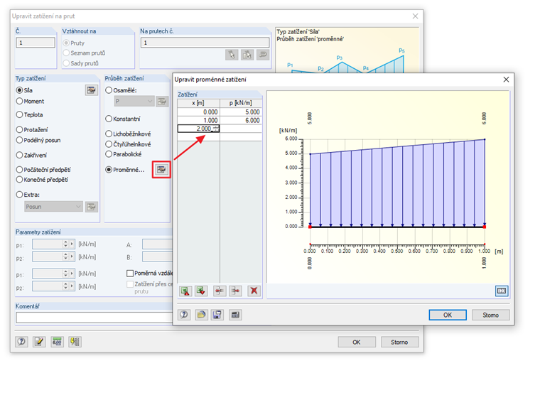 Úprava proměnného zatížení na prut
