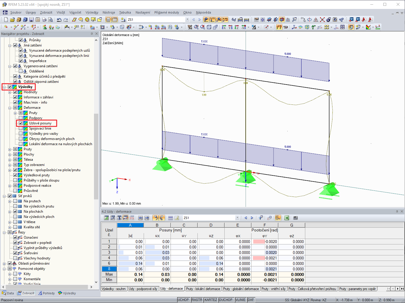 Nastavení výsledků pro uzlový posun