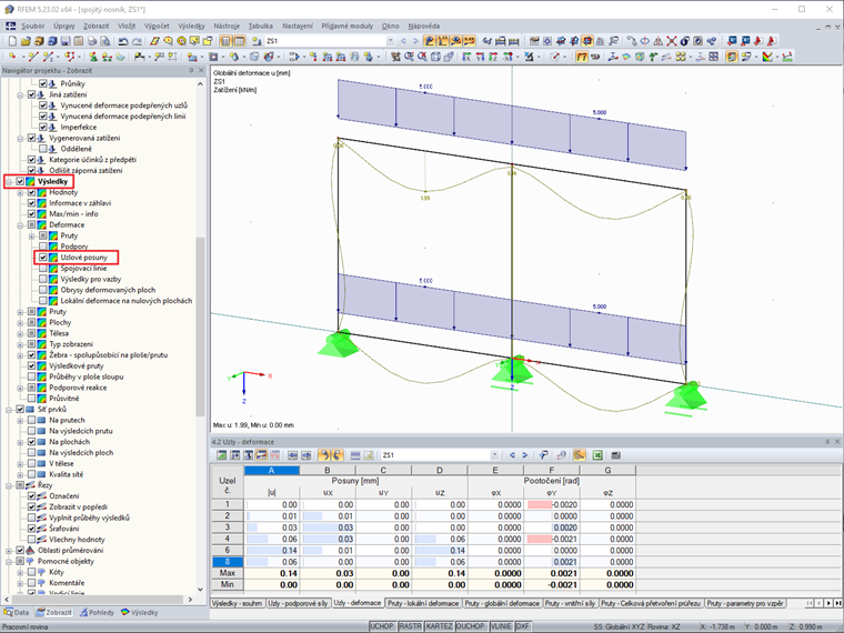 Nastavení výsledků pro uzlový posun