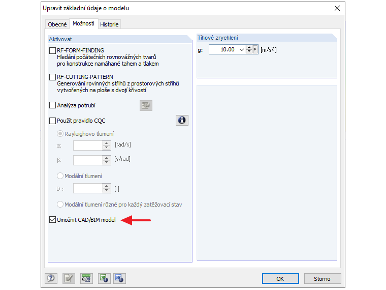 Aktivace prostředí CAD/BIM modelu