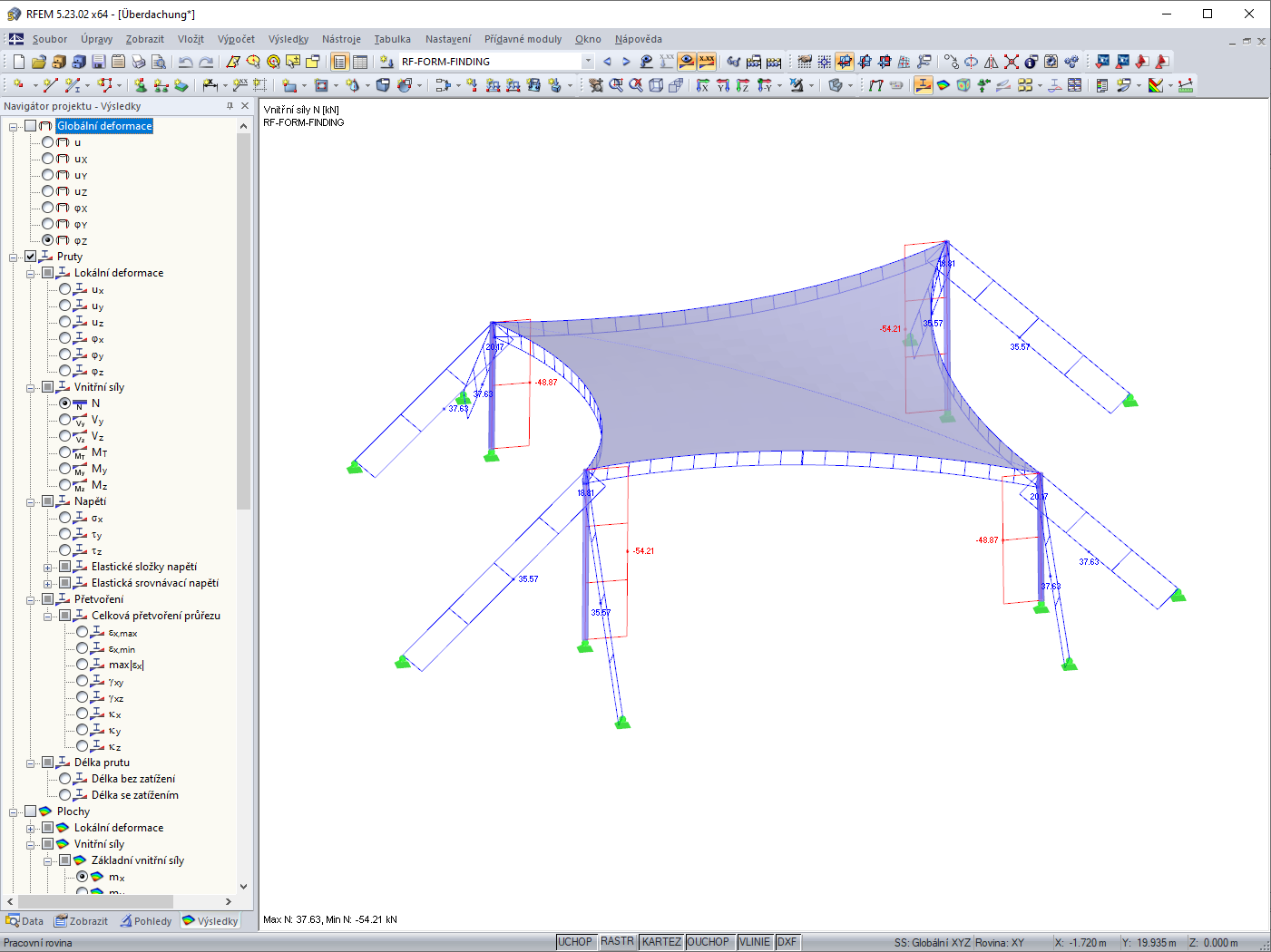 Tahové síly v lanu po form-findingu v programu RFEM