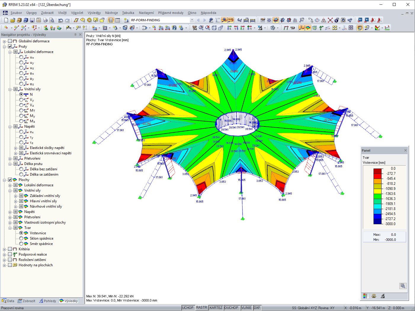 Tahové síly v lanech a obrysy po form-findingu v programu RFEM