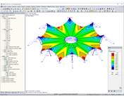 Tahové síly v lanech a obrysy po form-findingu v programu RFEM