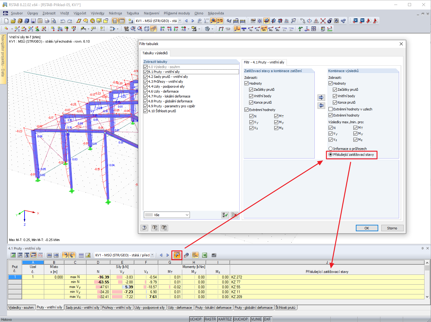 Dialog "Filtr tabulky" - možnost "Příslušné zatěžovací stavy"