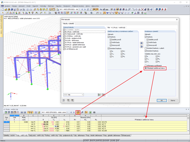 Dialog "Filtr tabulky" - možnost "Příslušné zatěžovací stavy"