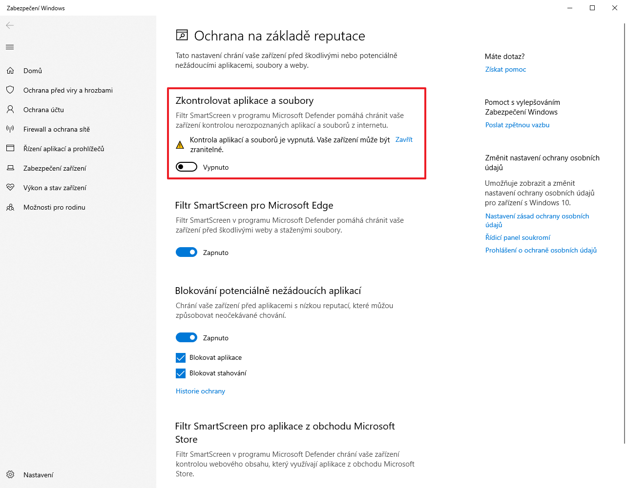 Ochranu lze dočasně deaktivovat v Zabezpečení Windows.