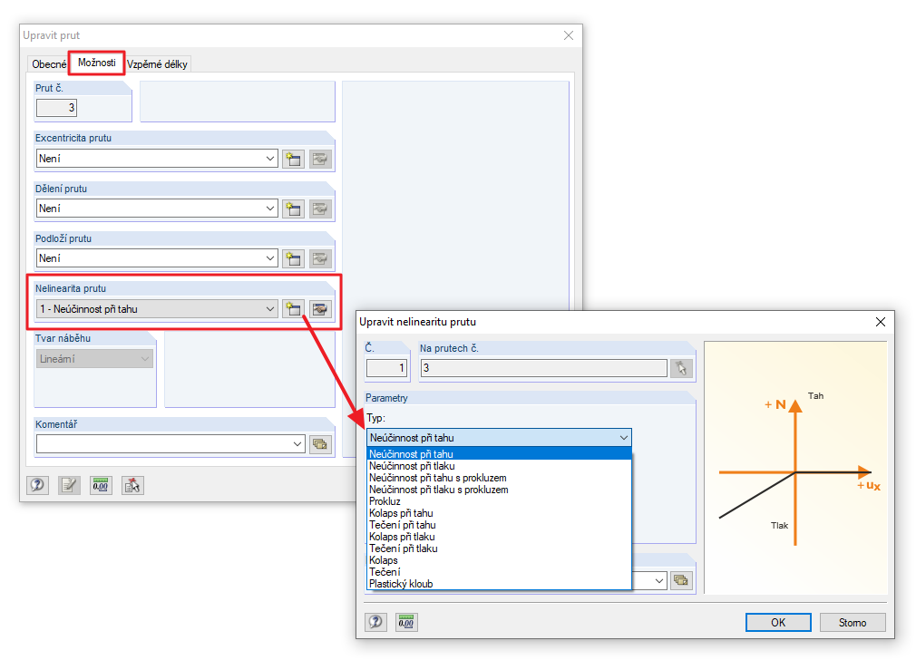 Zadání nelinearity prutu