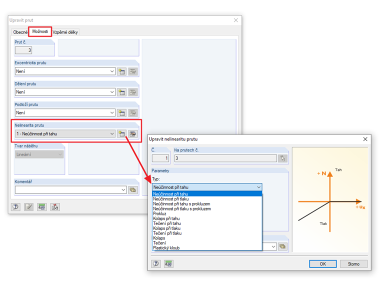 Zadání nelinearity prutu