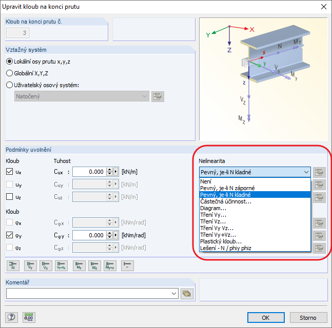 Zadání nelineárního kloubu na konci prutu
