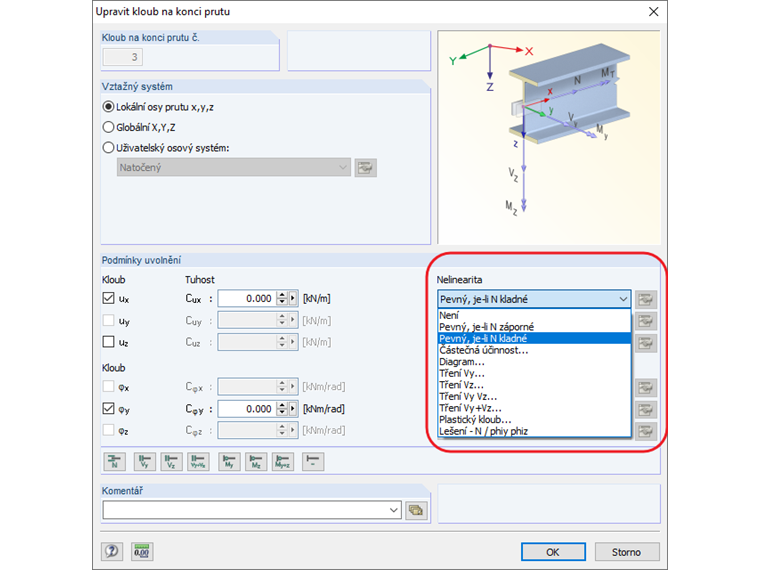 Zadání nelineárního kloubu na konci prutu